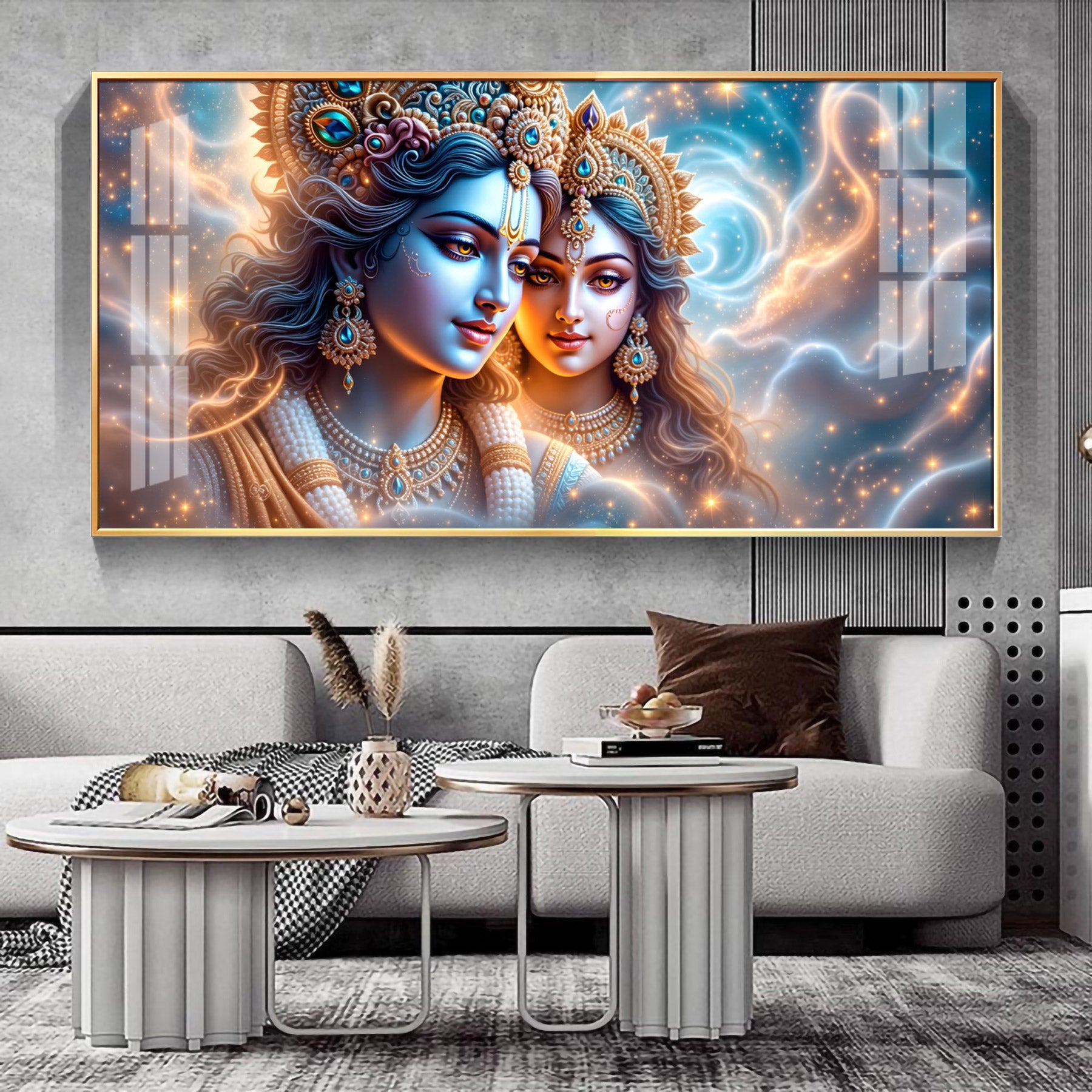 Shri Krishna And Radha In Nebula Cloud Premium Acrylic Horizontal Wall Art