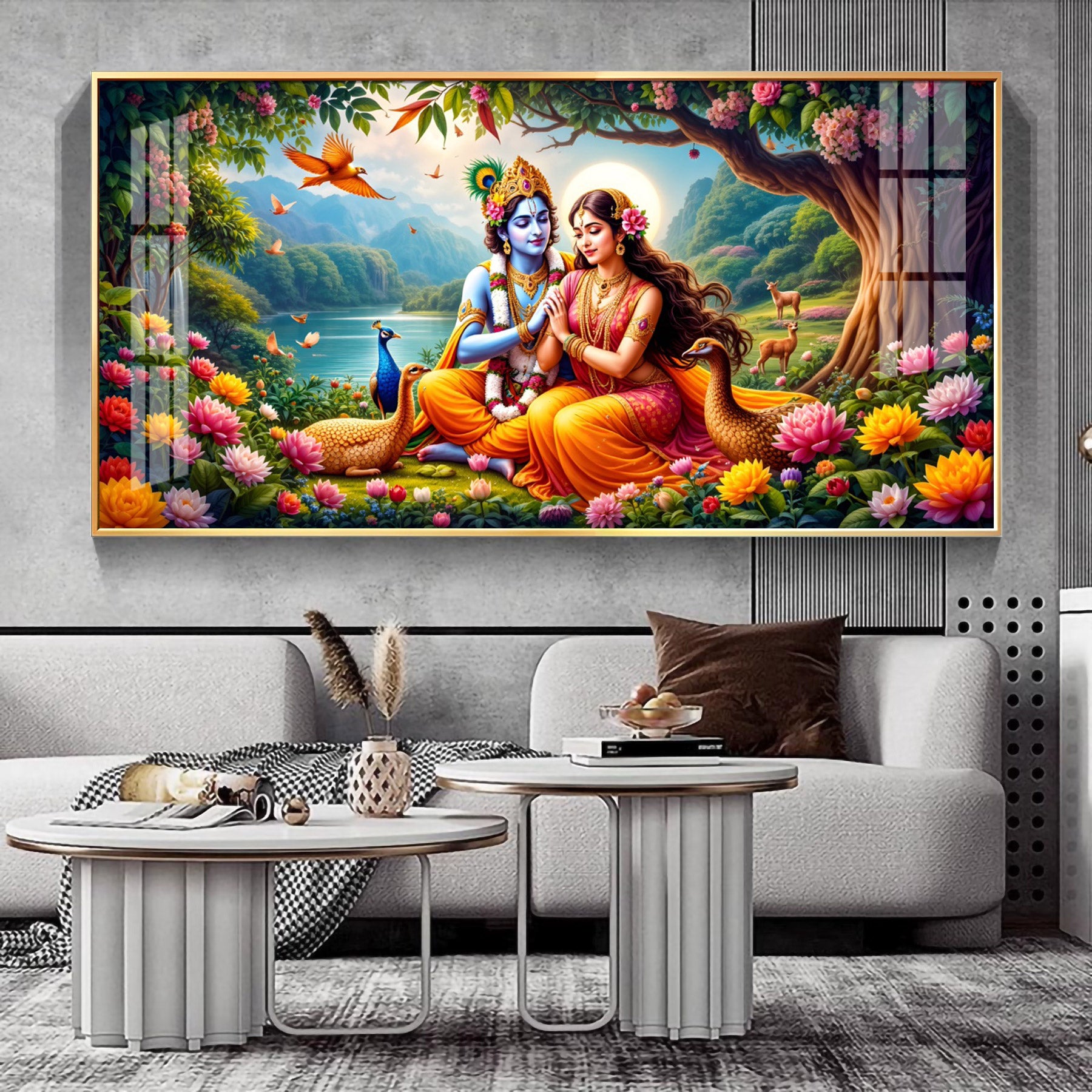 Divine Radha Krishna In Forest Premium Acrylic Horizontal Wall Art
