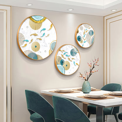 Koi Fish In Blue & Gold Premium Acrylic Round Wall Art (Set of 3)