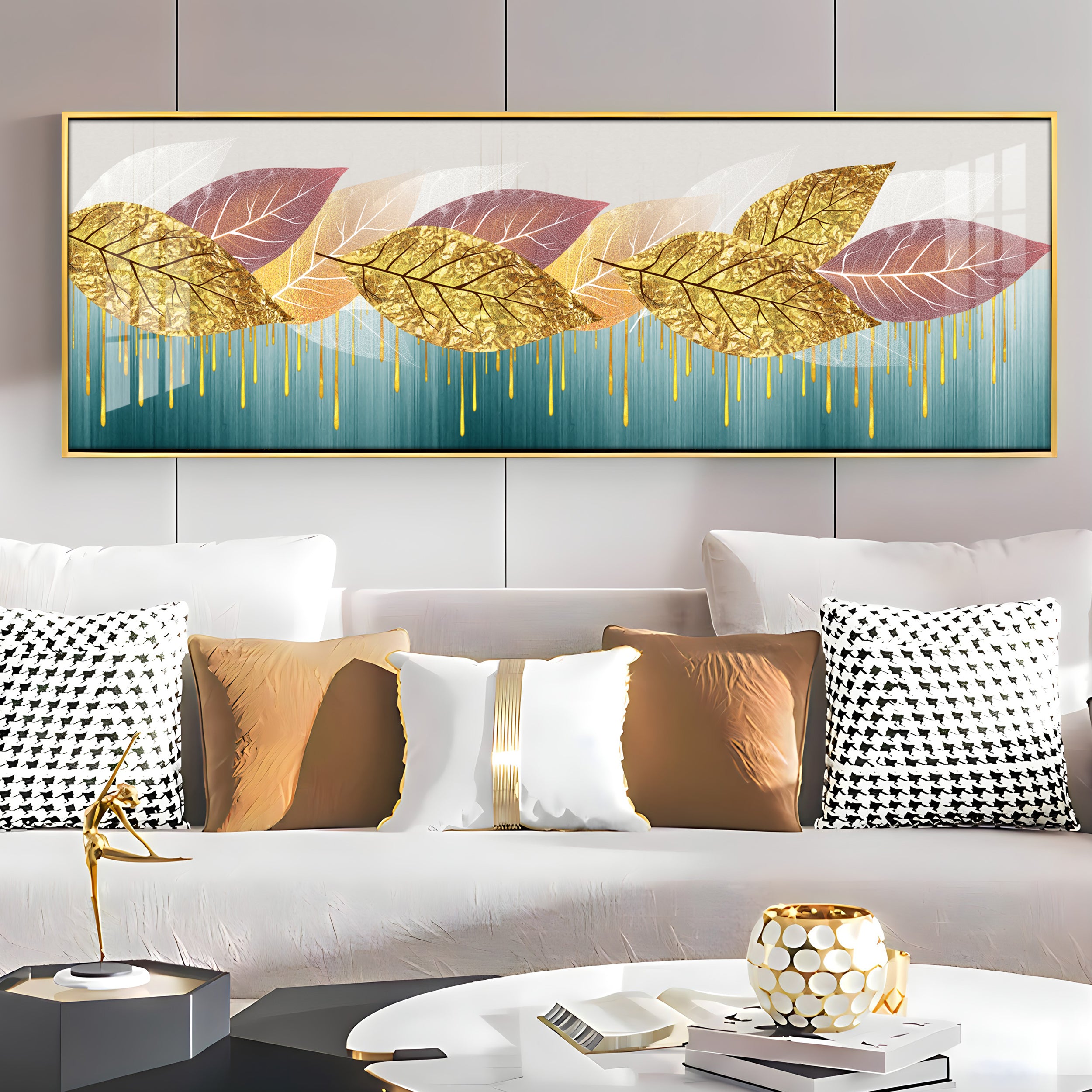 Golden Pink Leaves Luxury Crystal Horizontal Wall Art
