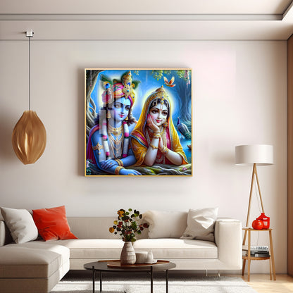 Radha Krishna In Vatika Premium Acrylic Square Wall Art