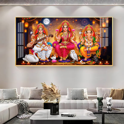 Maa Laxmi With lord Ganesh ji and Godess Saraswati Premium Acrylic Horizontal Wall Art