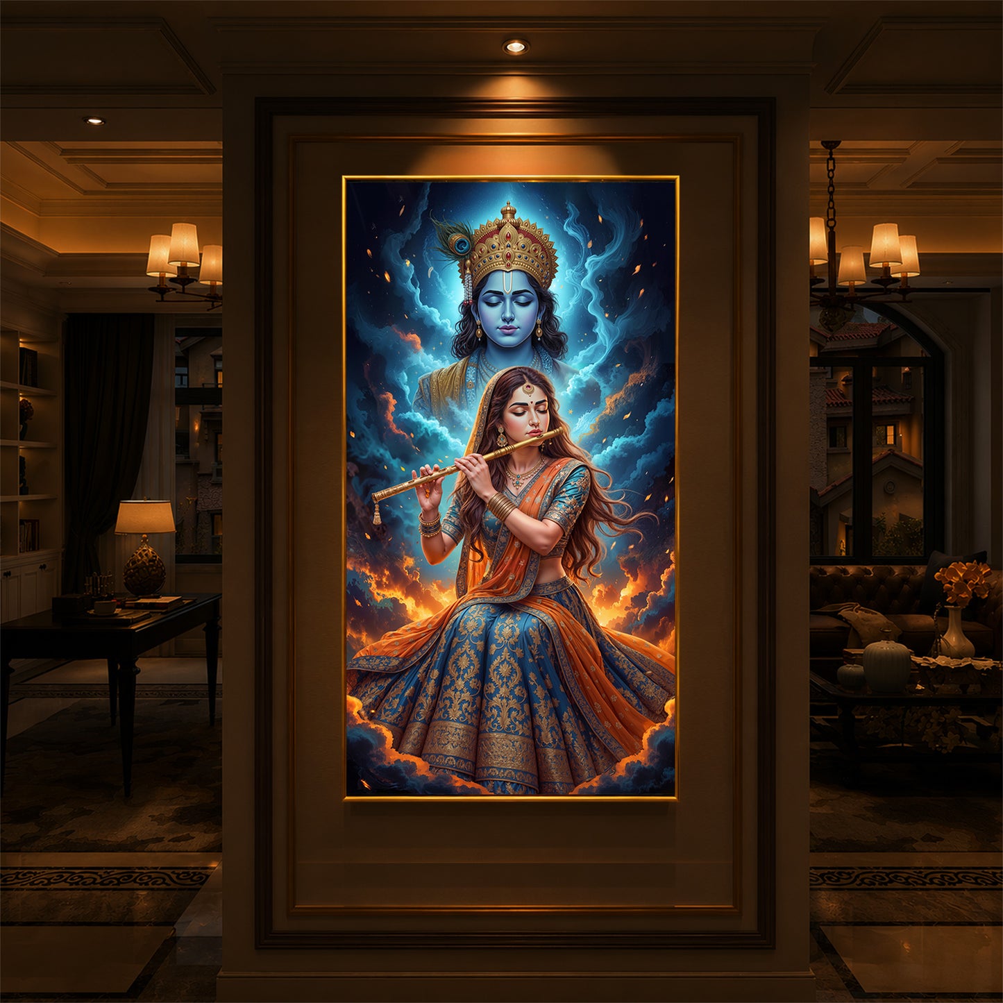 Radhe Krishna Colorful Modern Luxury Backlight Vertical Wall Art