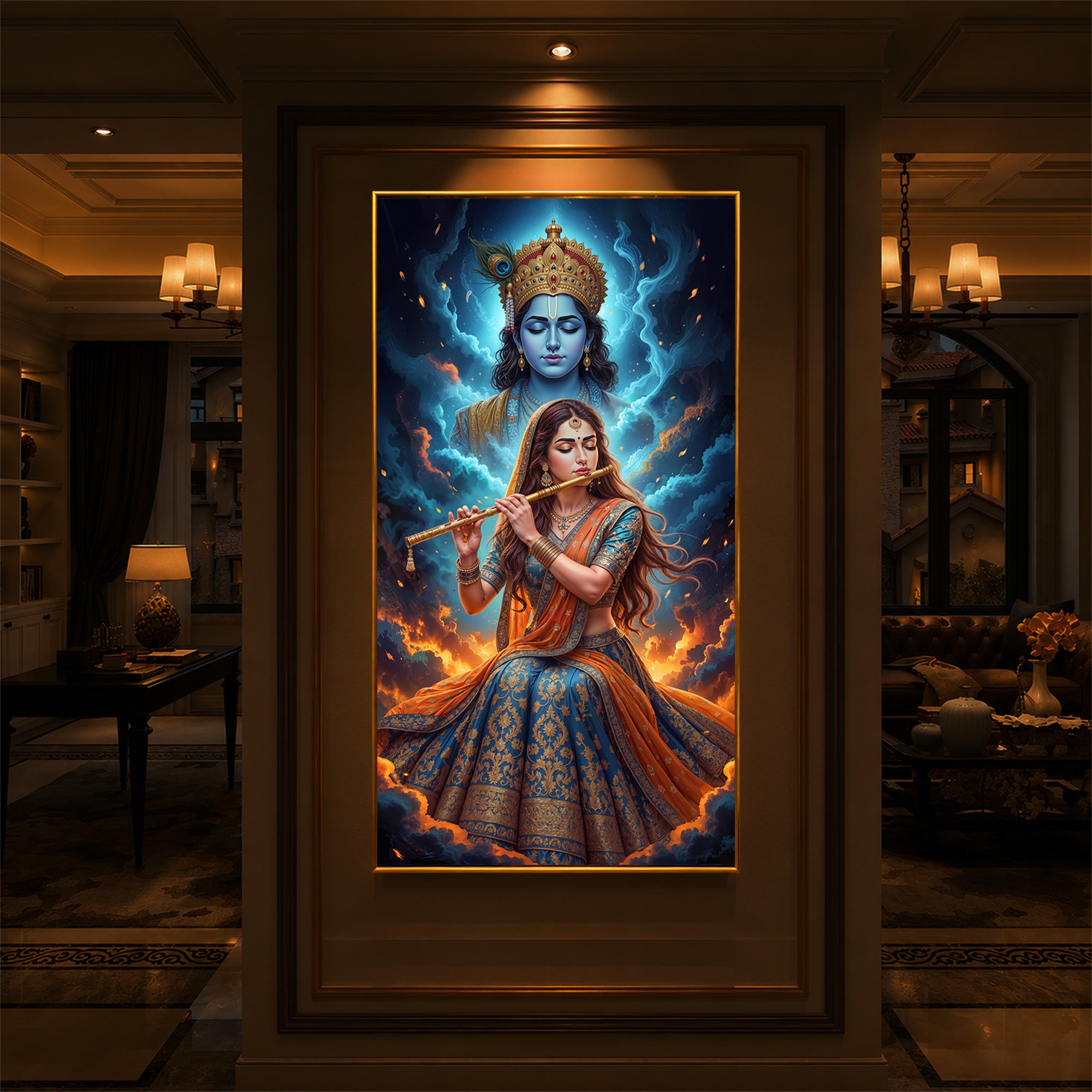 Radhe Krishna Colorful Modern Luxury Backlight Vertical Wall Art