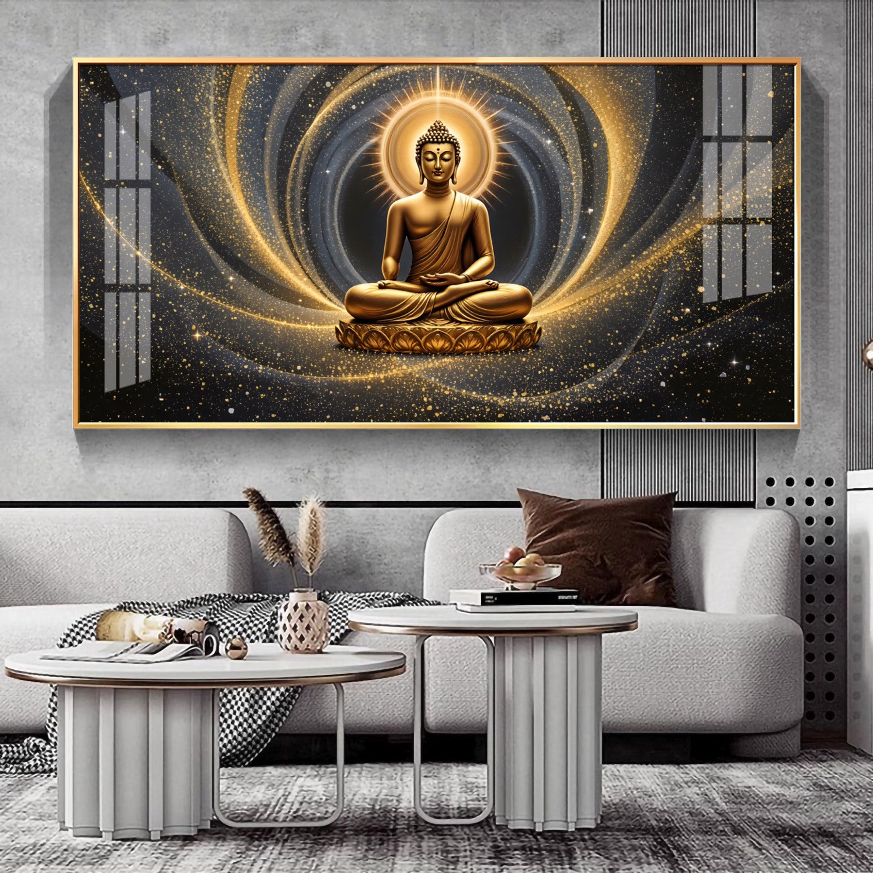 Golden Wave Buddha Reflection Premium Acrylic Horizontal Wall Art