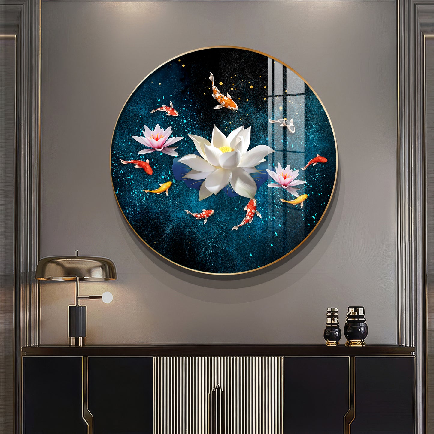 Lotus and Fish Premium Acrylic Round Wall Art