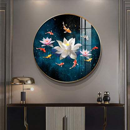 Lotus and Fish Premium Acrylic Round Wall Art