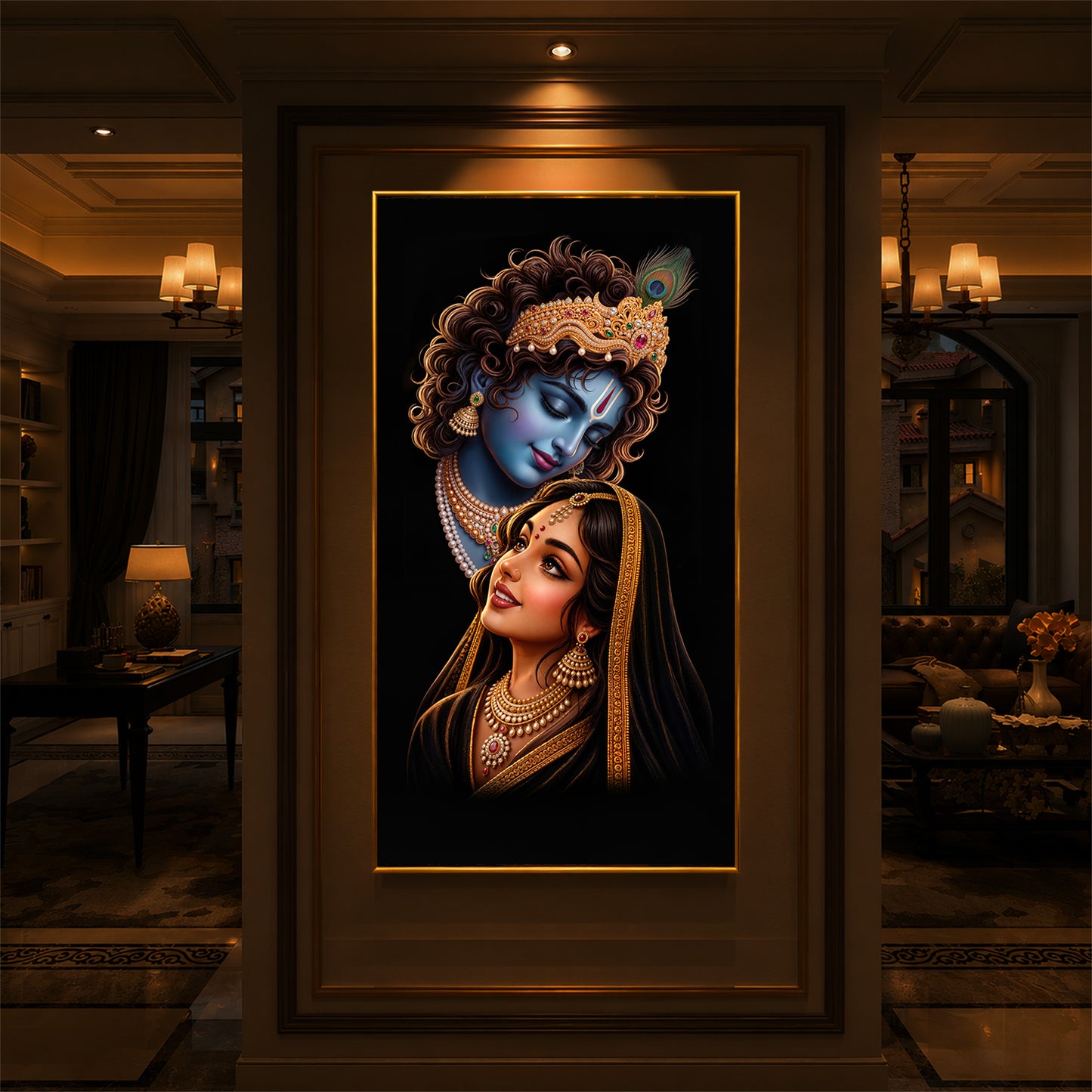 Hindu Deities Shri Radha Krishna Modern Luxury Backlight Vertical Wall Art