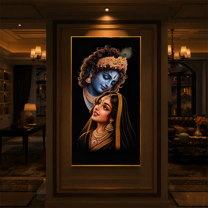 Hindu Deities Shri Radha Krishna Modern Luxury Backlight Vertical Wall Art