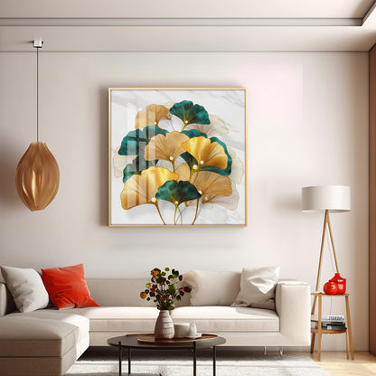 Golden Ginkgo Biloba Luxury Crystal Square Wall Art