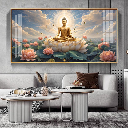 Peaceful Buddha On Lotus Premium Acrylic Horizontal Wall Art - 40X20 inches / Gold