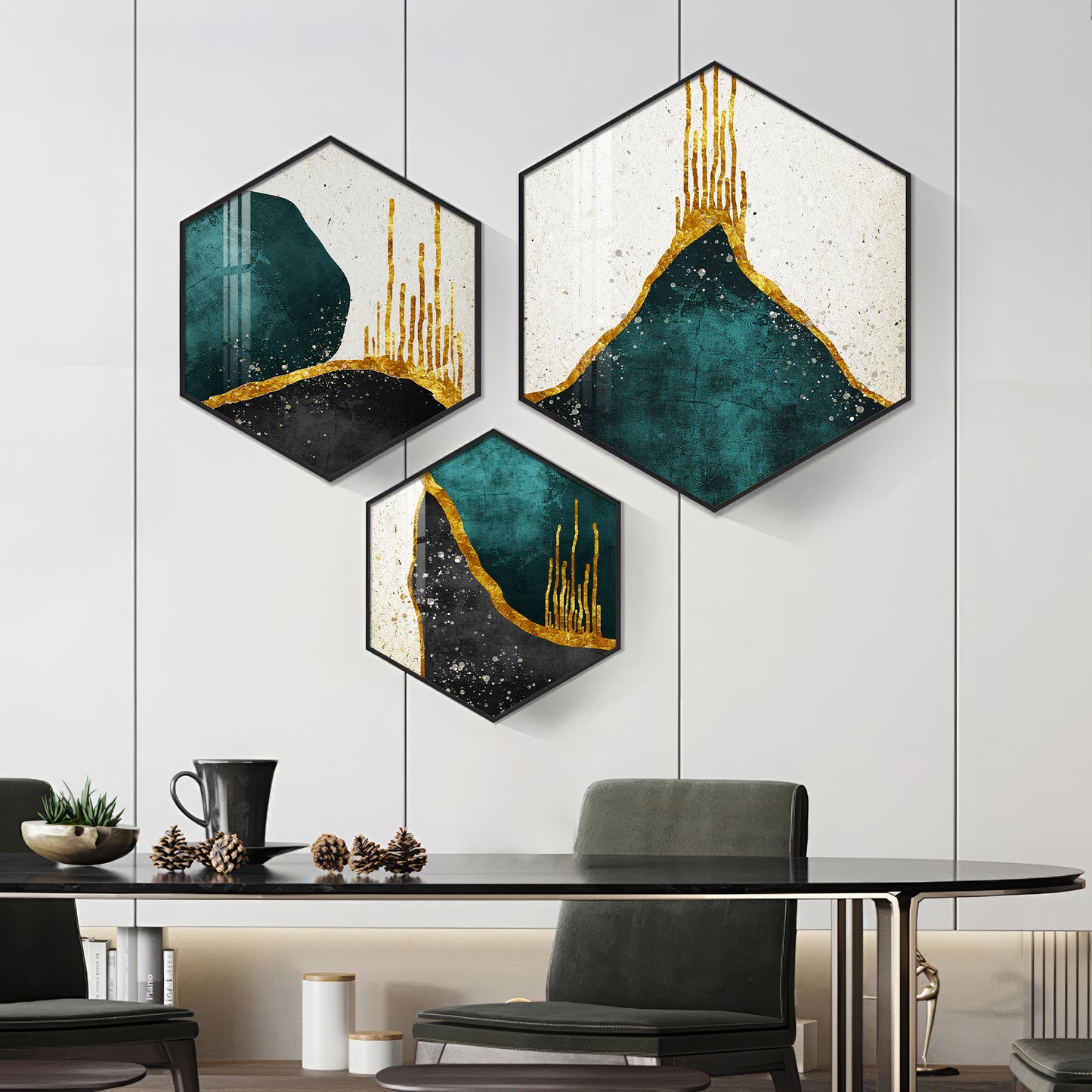 3D Metallic Abstract Premium Acrylic Hexagon Wall Art (Set of 3)