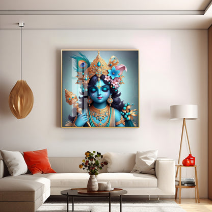 Beautiful Lord Krishna with Flute Premium Acrylic Square Wall Art