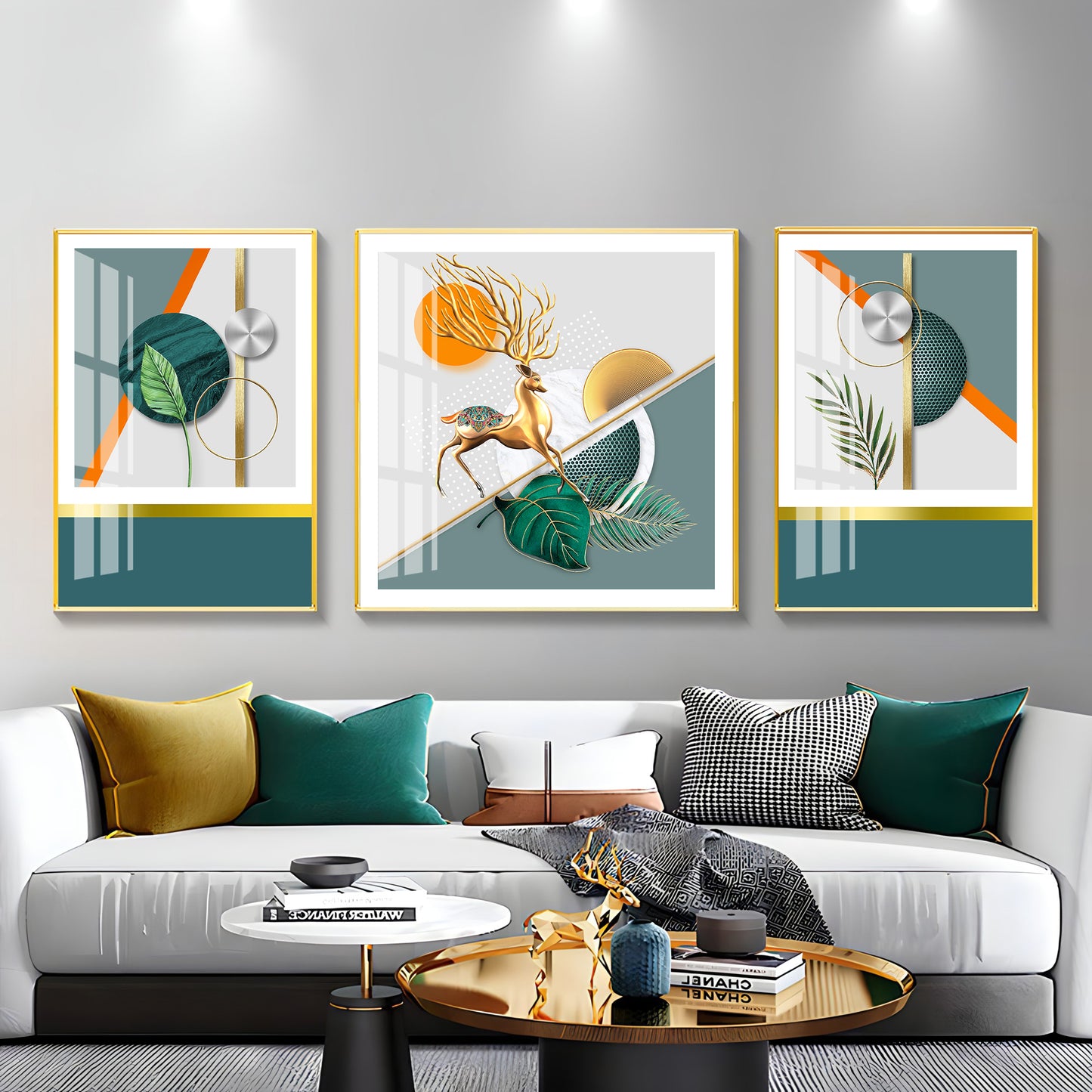 Golden Leaf With Deer Premium Acrylic Wall Art (Set of 3)