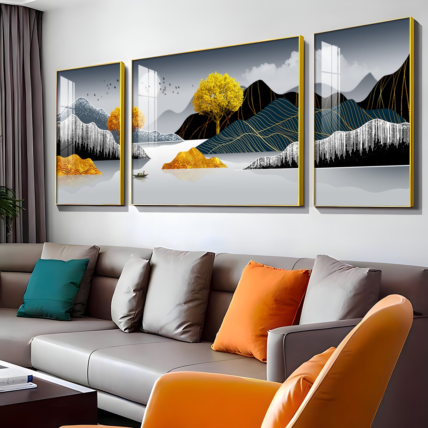 Mountains With Golden Tree Premium Acrylic Wall Art (Set of 3)