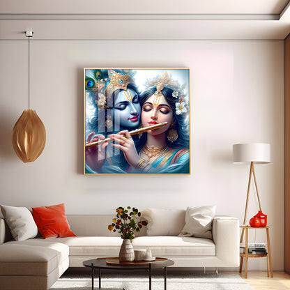 Radha Krishna With Flute Premium Acrylic Square Wall Art