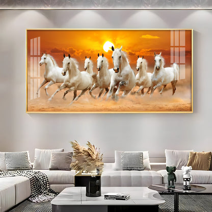 White 7 Running Horses Premium Acrylic Horizontal Wall Art