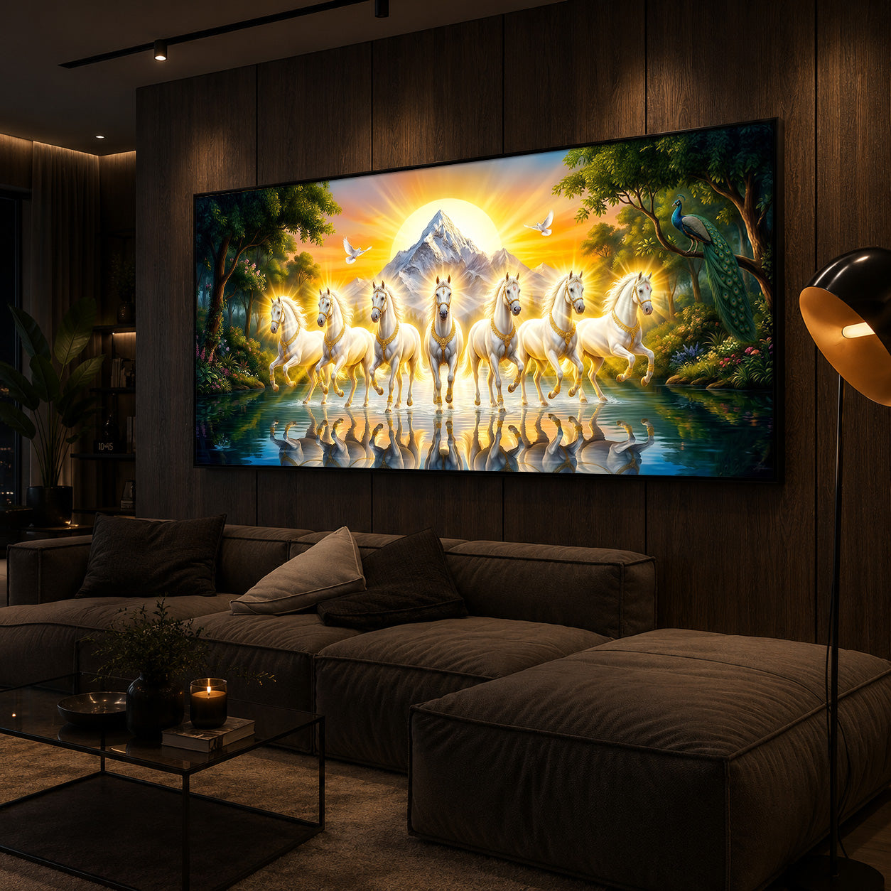 7 White Horses River Glloping Modern Luxury Backlight Horizontal Wall Art