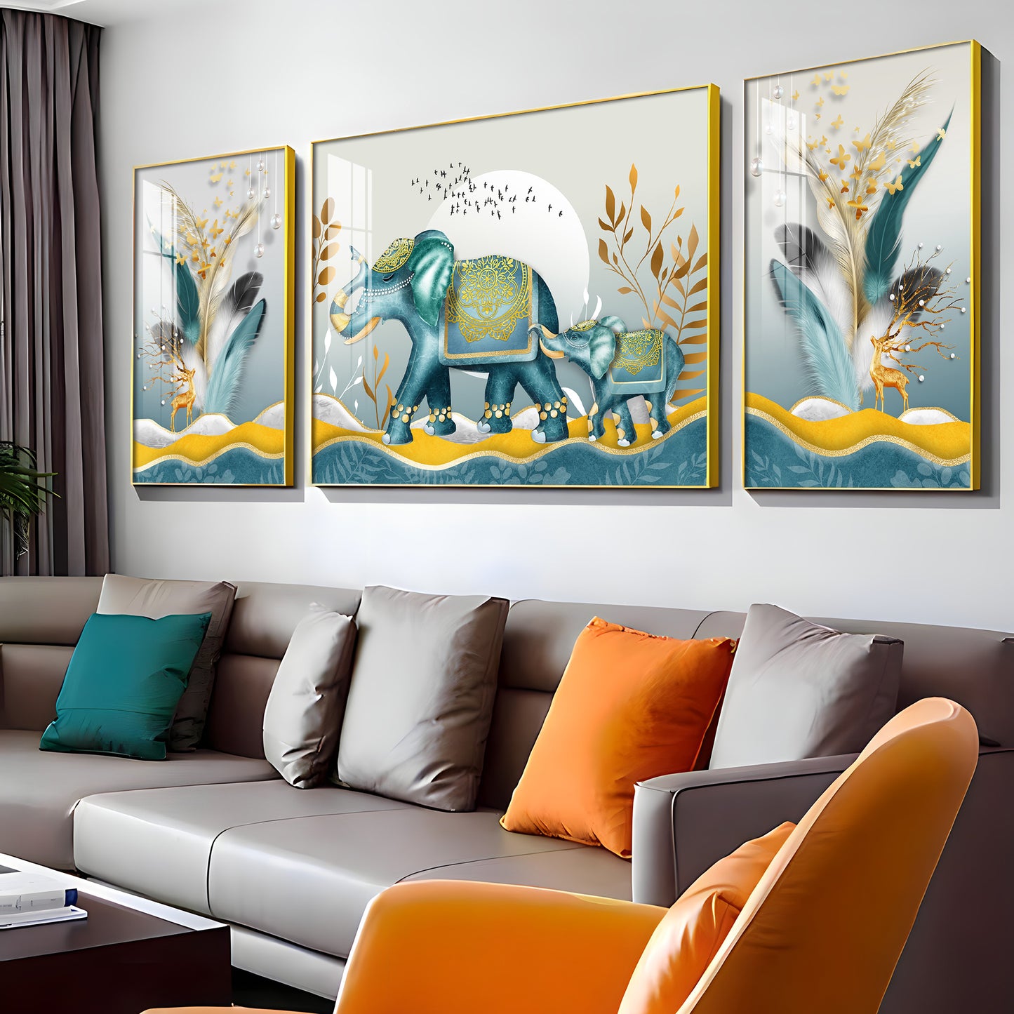 Elephants and Deers Premium Acrylic Wall Art (Set of 3)