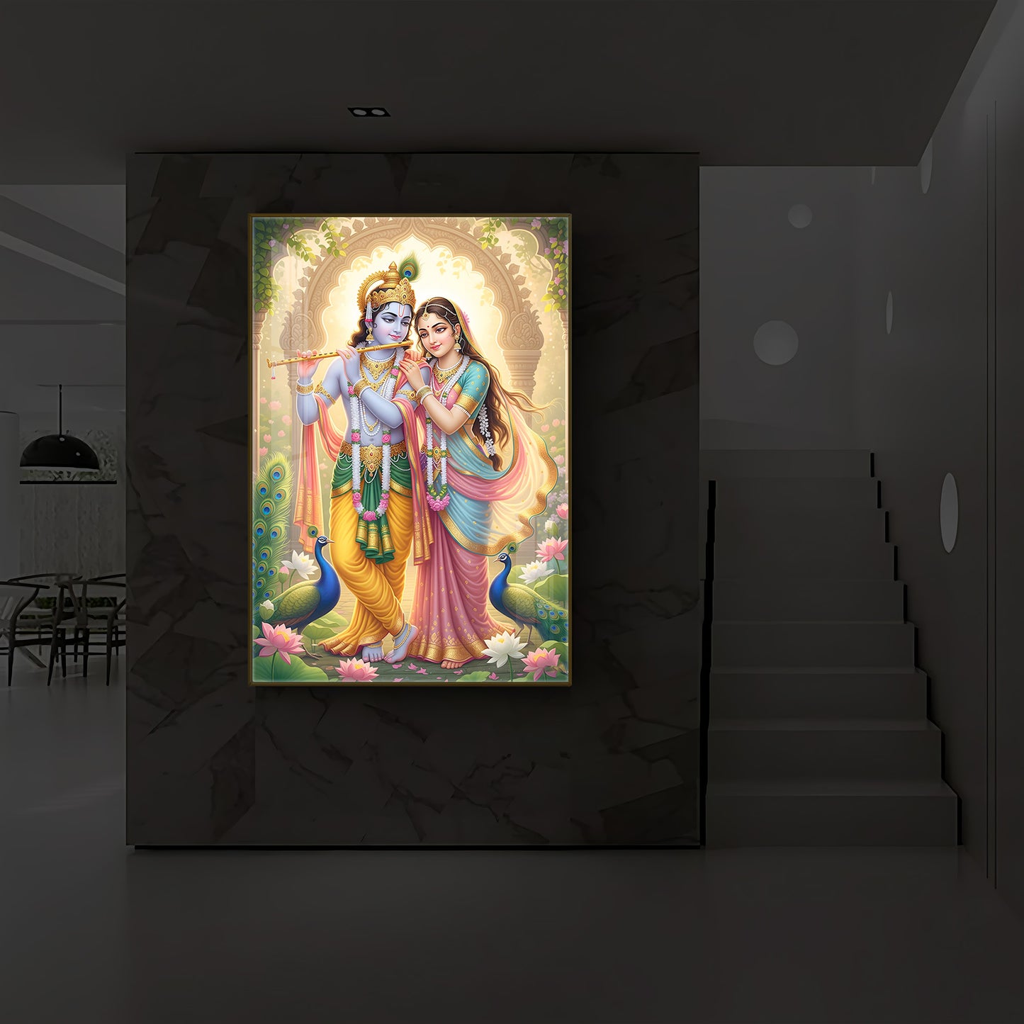 Loving Shri Radhe Krishna Modern Luxury Backlight Vertical Wall Art