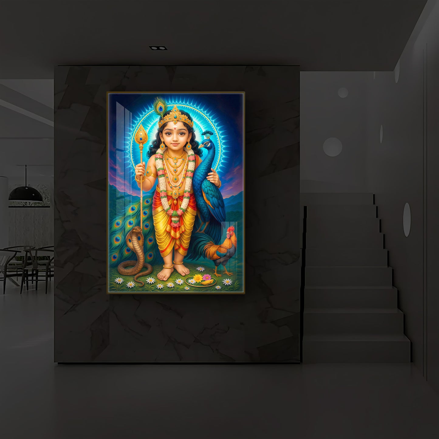 Lord Murugan Ji Modern Luxury Backlight Vertical Wall Art