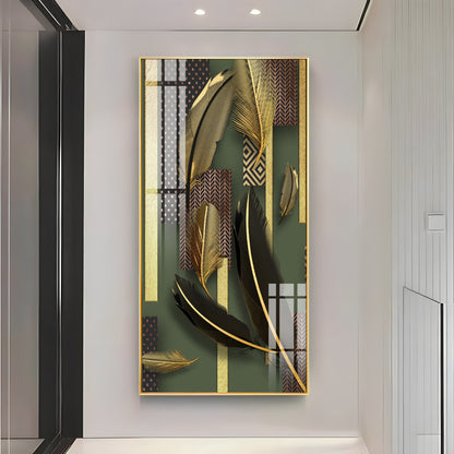 Black & Golden Feathers Premium Acrylic Vertical Wall Art