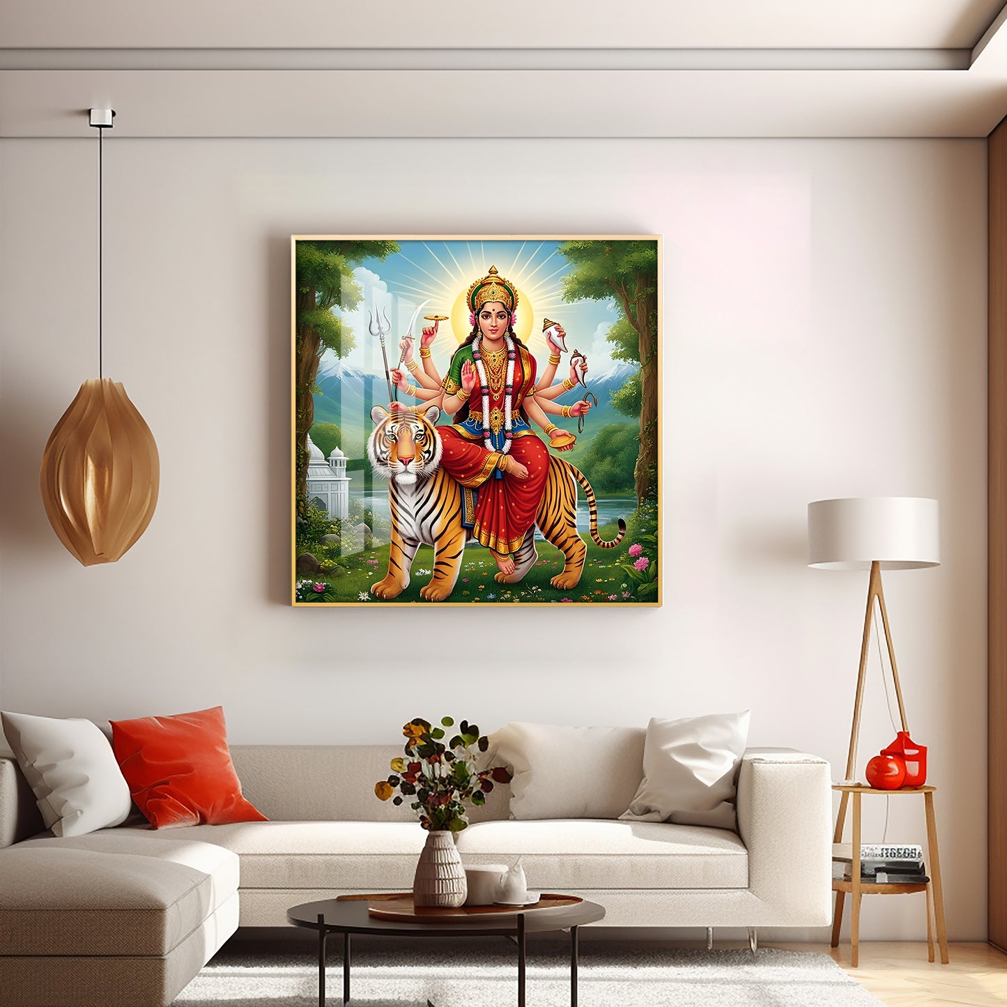 Hindu Goddess With Tiger Premium Acrylic Square Wall Art