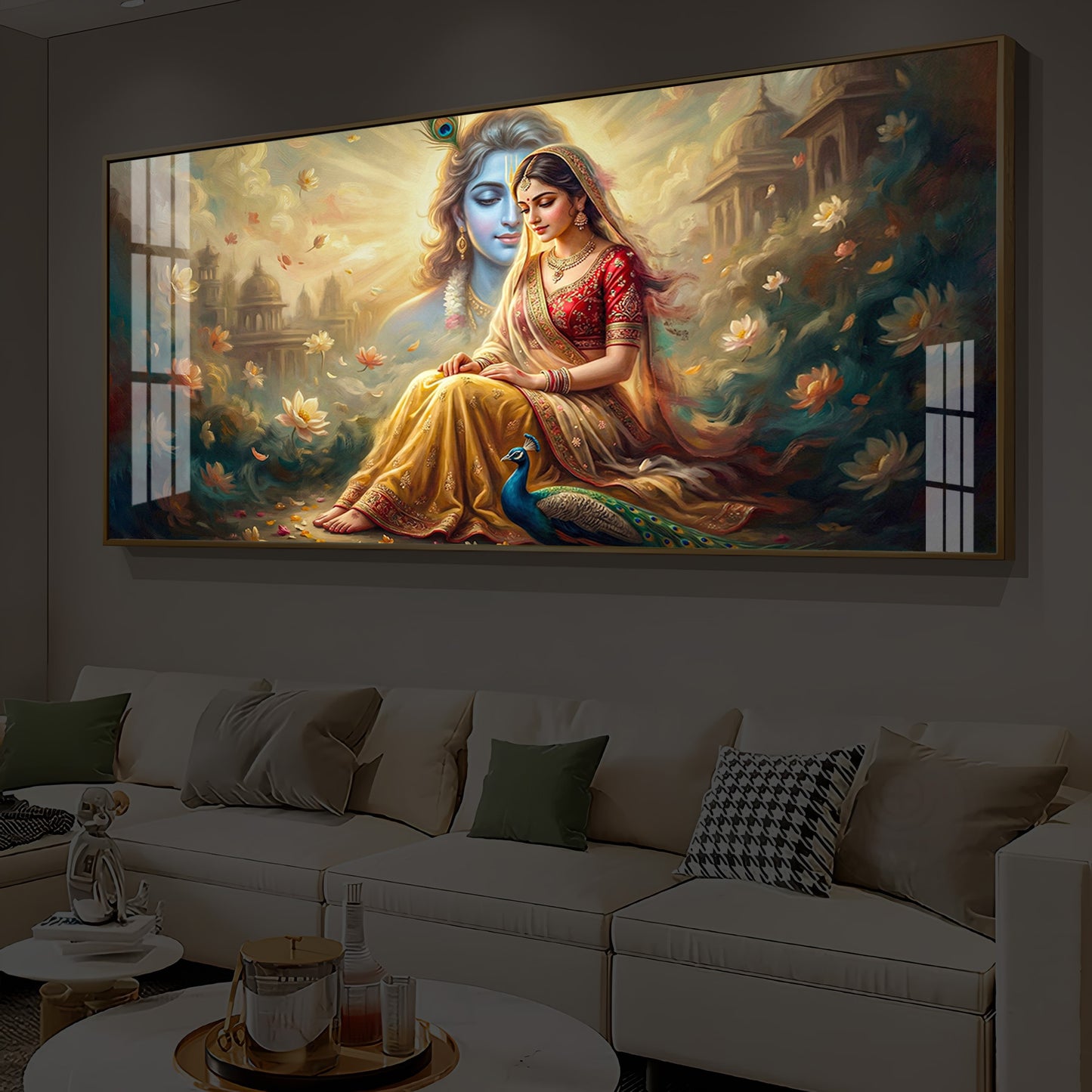 Loving Couple Radha Krishna Modern Luxury Backlight Horizontal Wall Art