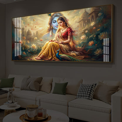 Loving Couple Radha Krishna Modern Luxury Backlight Horizontal Wall Art