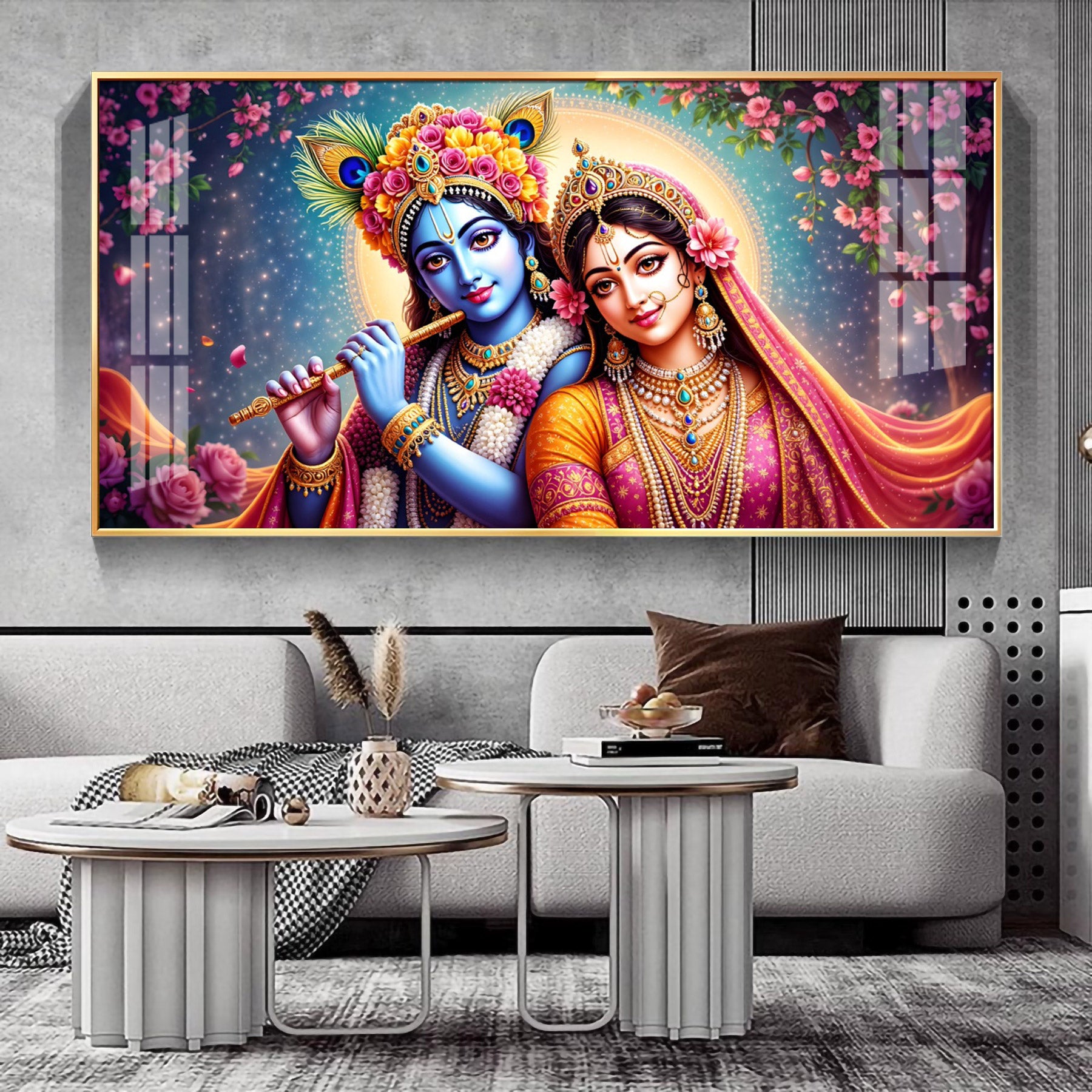 Shree Radha Krishna With Flute Premium Acrylic Horizontal Wall Art