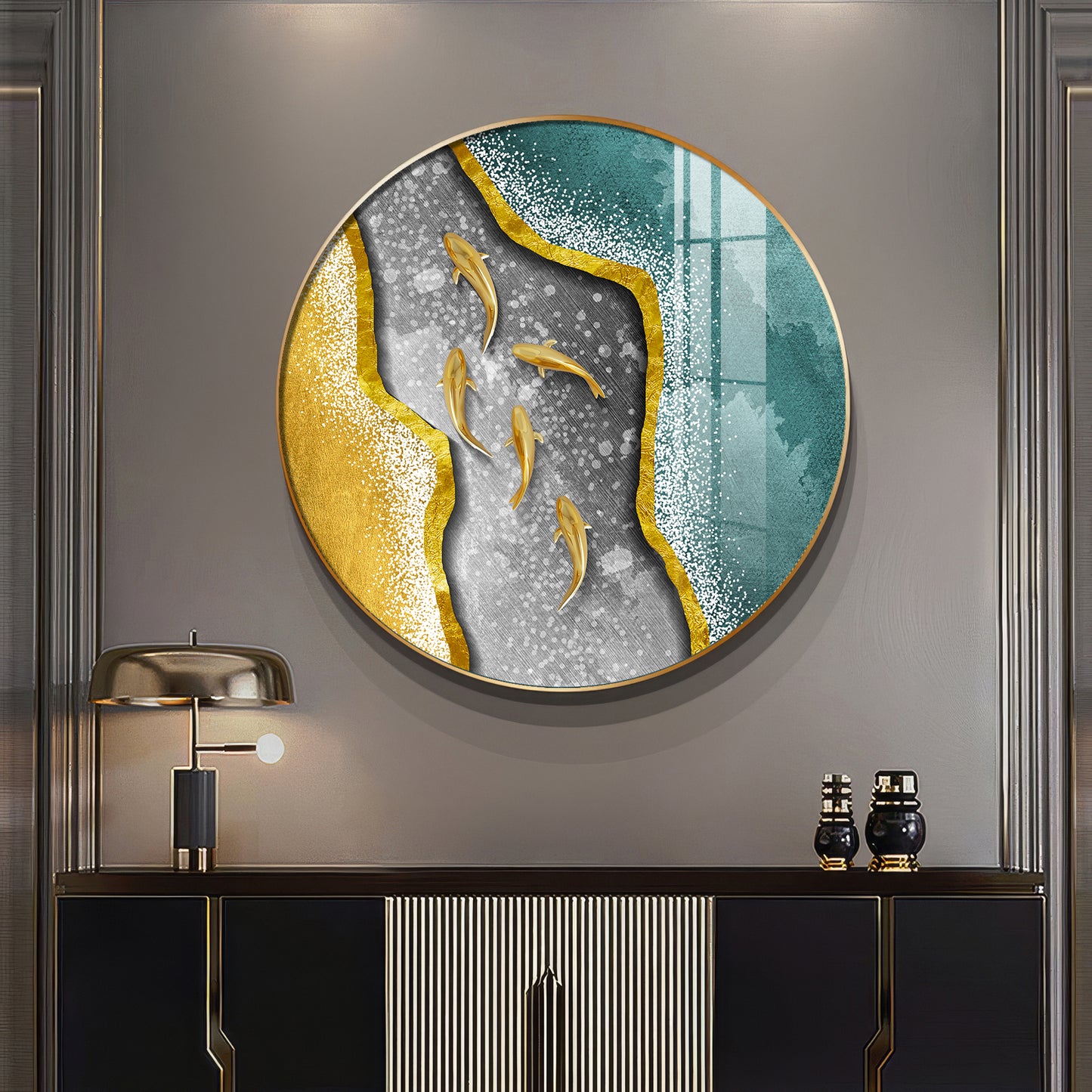 Koi Fish In Waves Premium Acrylic Round Wall Art