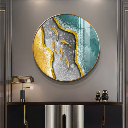 Koi Fish In Waves Premium Acrylic Round Wall Art