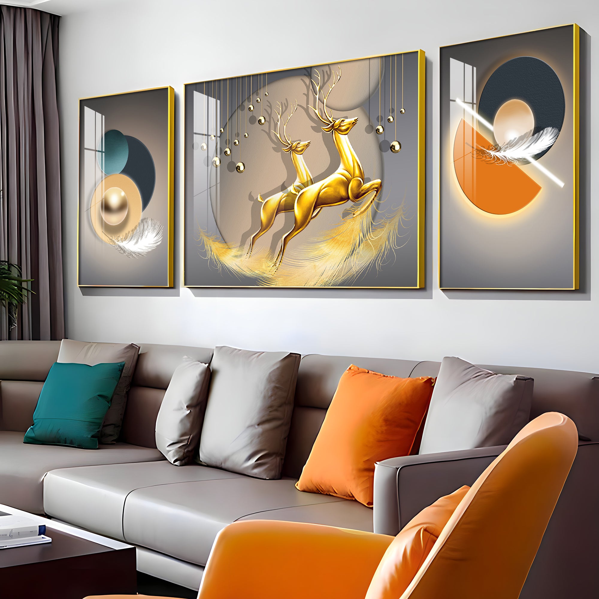 Golden Reindeer Premium Acrylic Wall Art (Set of 3)