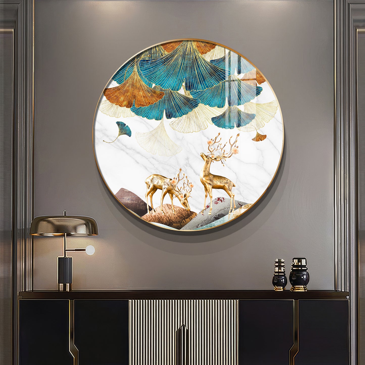 Deer and Leaves Premium Acrylic Round Wall Art