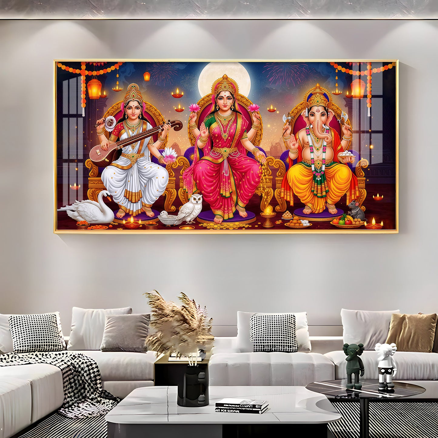 Lord Ganesha With Godess Saraswati and Maa Laxmi Premium Acrylic Horizontal Wall Art