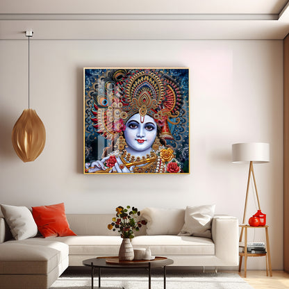 Shri Krishna With Bansuri Premium Acrylic Square Wall Art