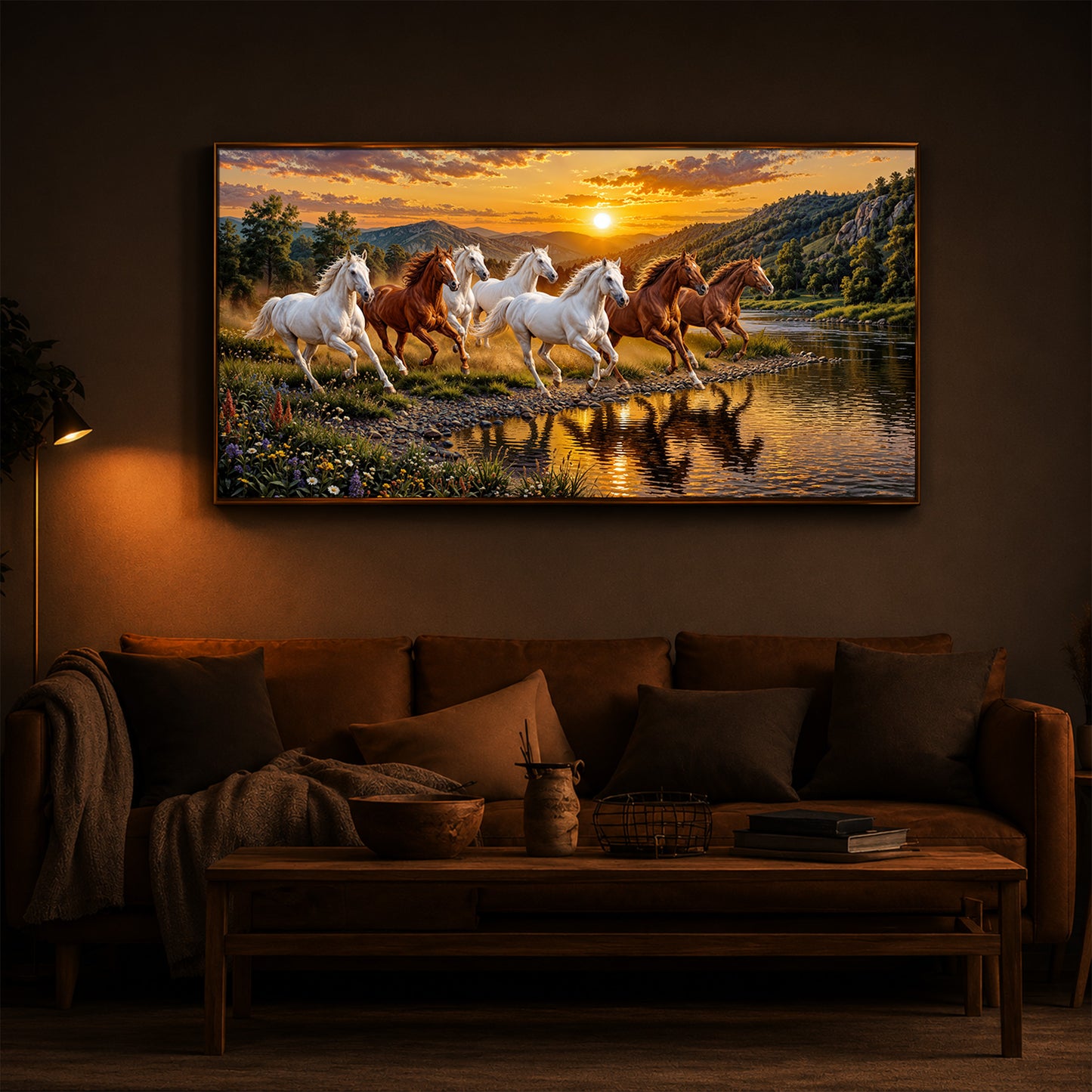 Seven Running Horses With Sunset Splash Modern Luxury Backlight Horizontal Wall Art