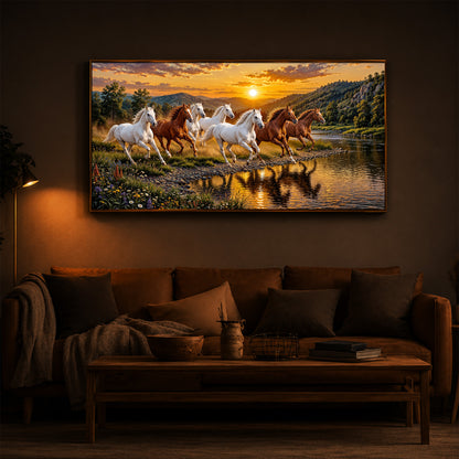 Seven Running Horses With Sunset Splash Modern Luxury Backlight Horizontal Wall Art