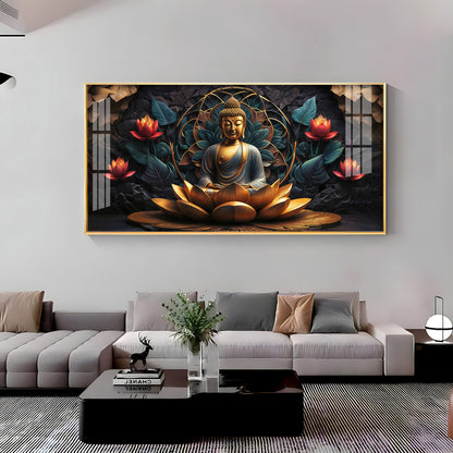 Buddha's Reflection With Sacred Lotus Premium Acrylic Horizontal Wall Art