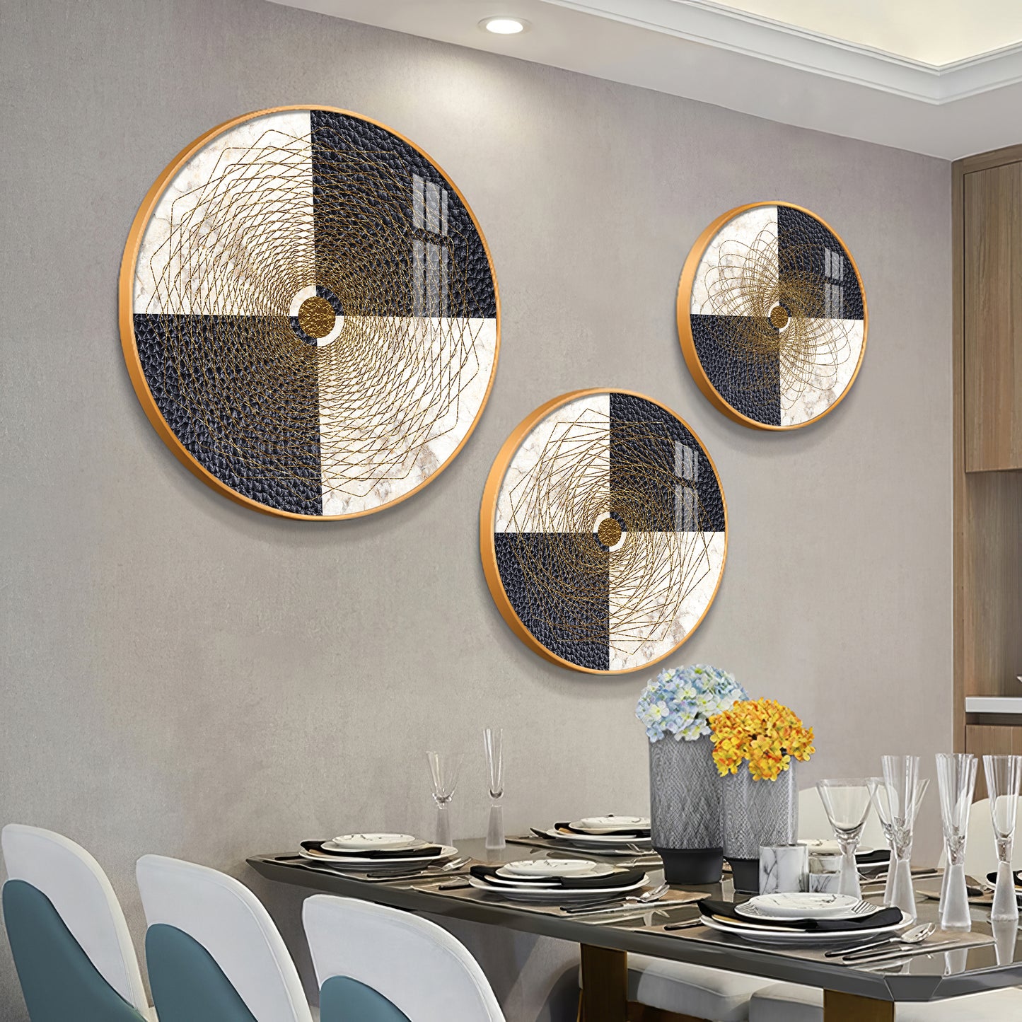 Spiral Line In Golden Premium Acrylic Round Wall Art (Set of 3)