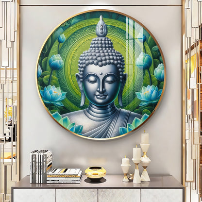 Sacred Buddha In Silver Premium Acrylic Round Wall Art
