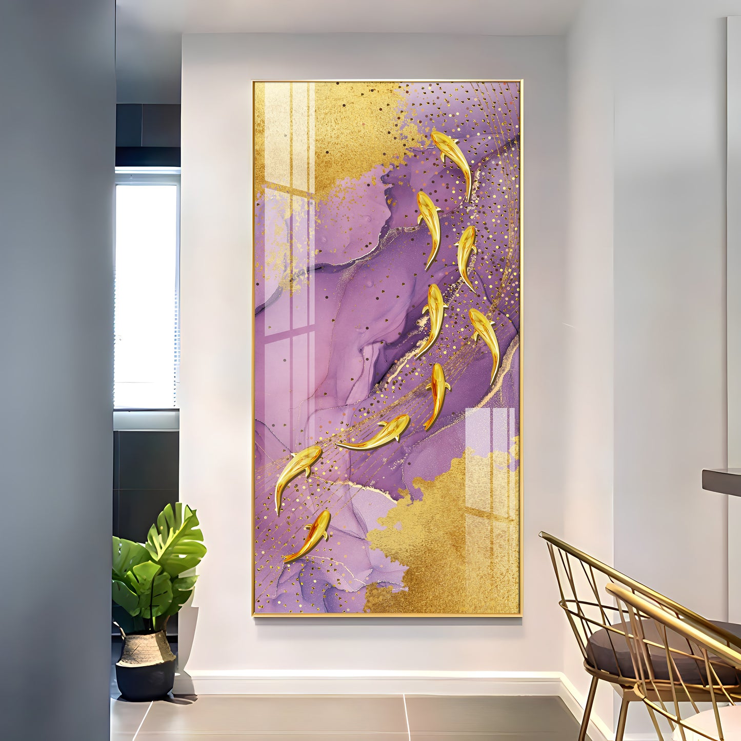 Purple Textured Golden Fish Premium Acrylic Vertical Wall Art