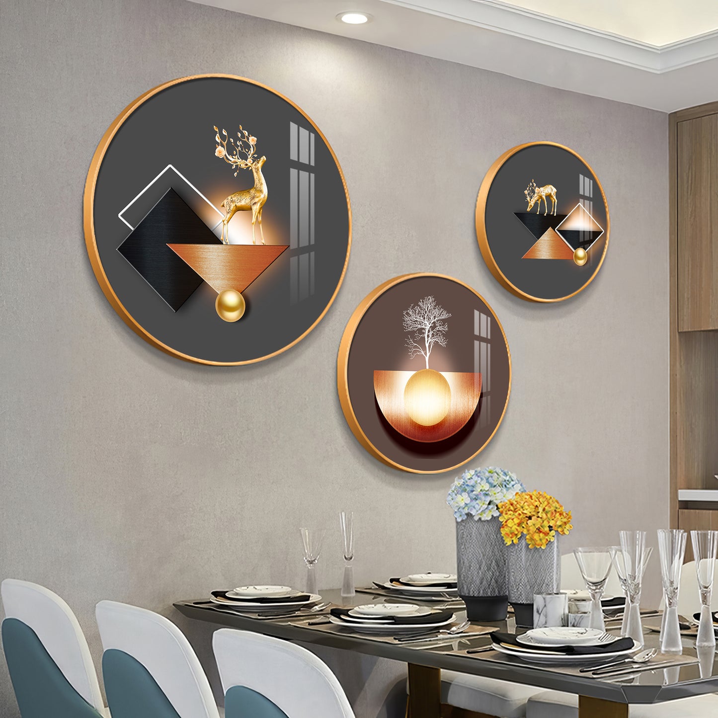 Reindeer Abstract Premium Acrylic Round Wall Art (Set of 3)