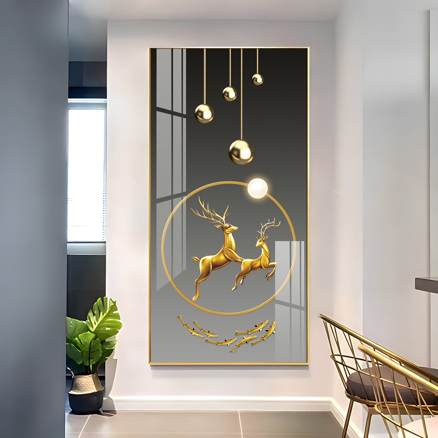 Dancing Golden Reindeer Premium Acrylic Vertical Wall Art