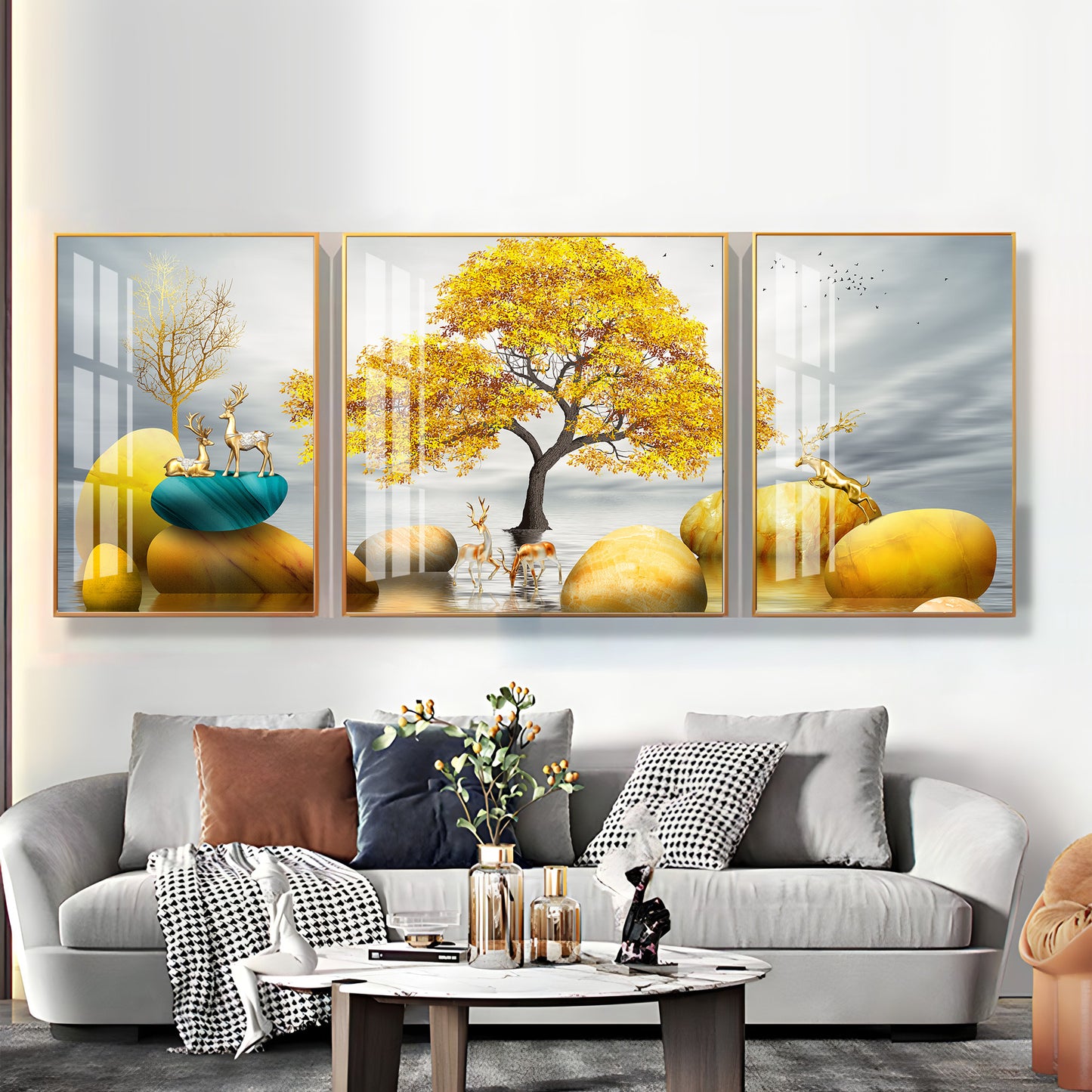 Golden Glory Premium Acrylic Wall Art (Set of 3)