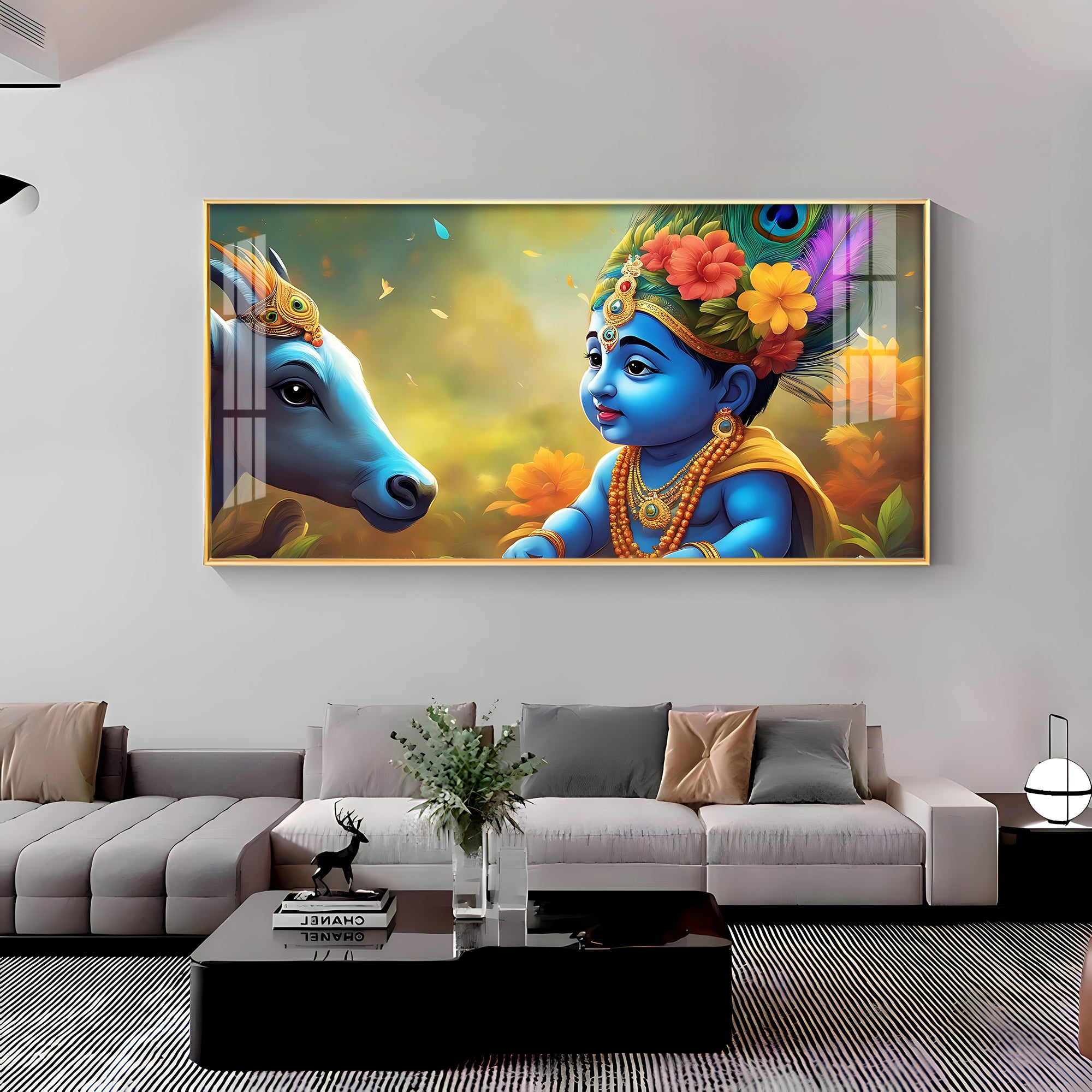 Little Lord Krishna & Cow Smiling Premium Acrylic Horizontal Wall Art