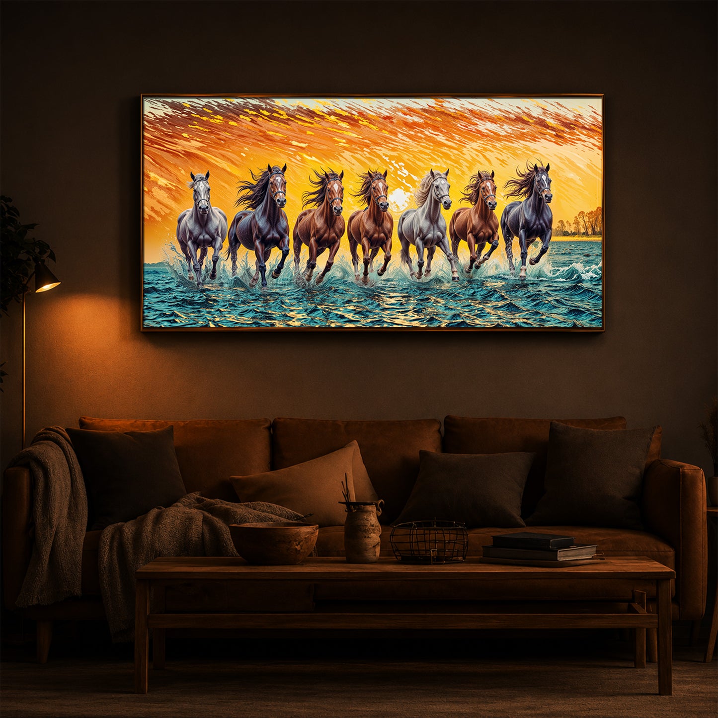 Seven Running Horses Modern Luxury Backlight Horizontal Wall Art