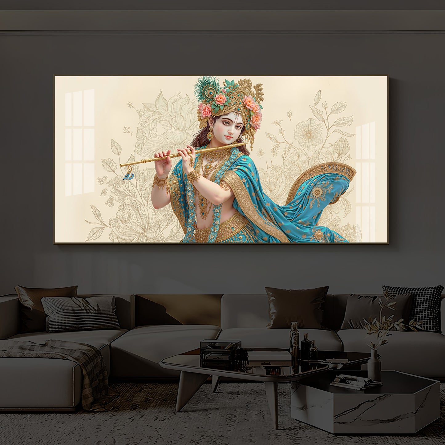 Beautiful Krishna Ji Modern Luxury Backlight Horizontal Wall Art
