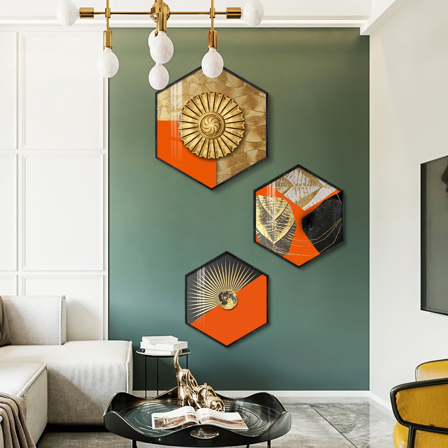 Gold & Orange Accents Premium Acrylic Hexagon Wall Art (Set of 3)
