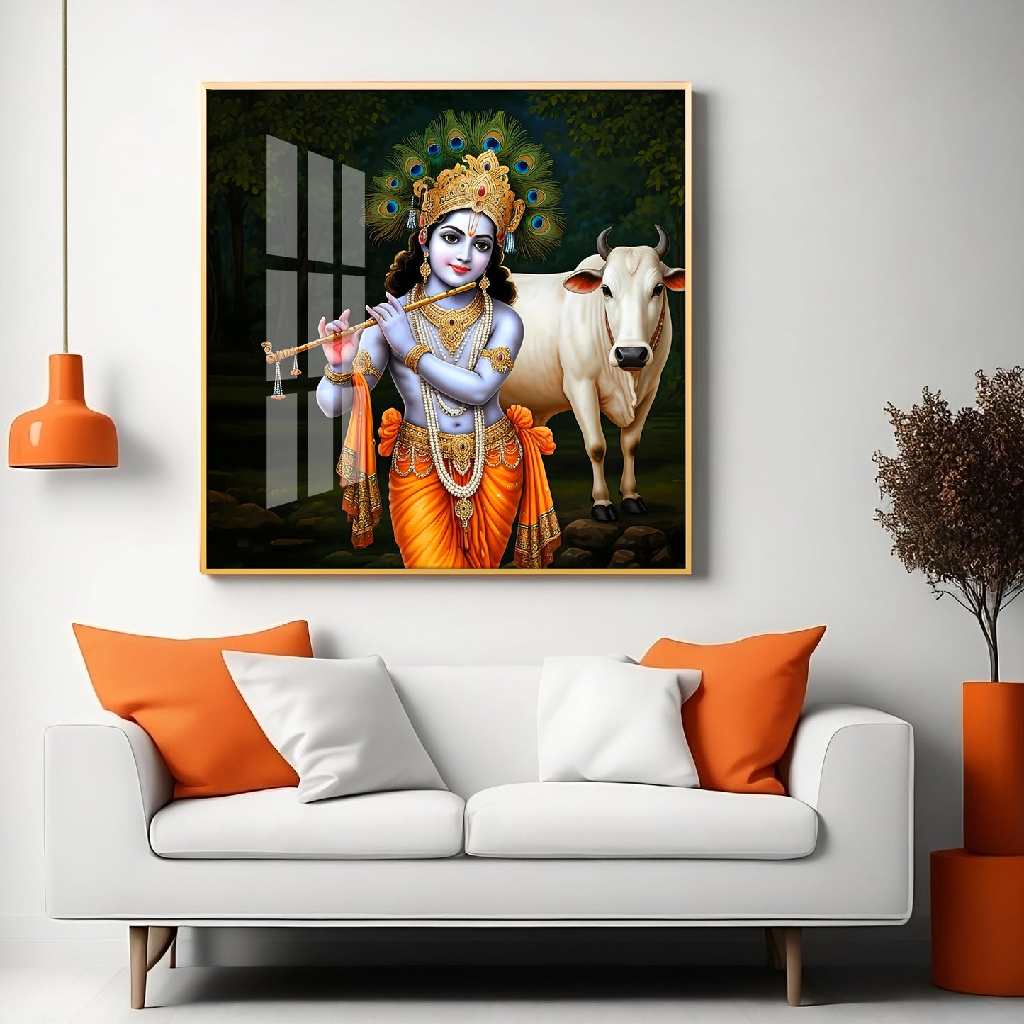 Krishna With The Cow Premium Acrylic Square Wall Art